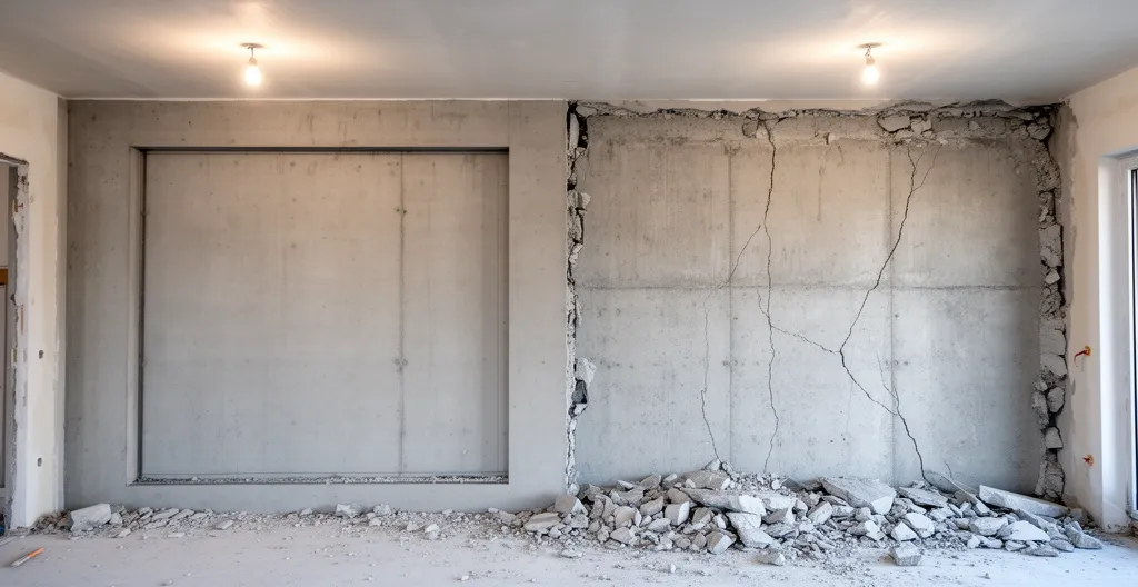 Deux portions de mur côte à côte montrant la différence entre découpe au sciage et démolition classique