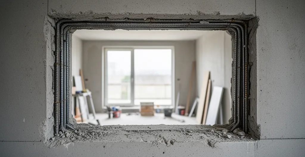 Ouverture rectangulaire découpée dans un mur béton armé avec bords nets et armatures sectionnées visibles