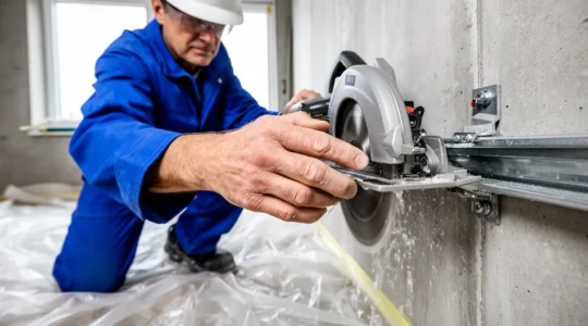 Technicien guidant une scie circulaire sur rails fixés à un mur béton avec projection d'eau de refroidissement