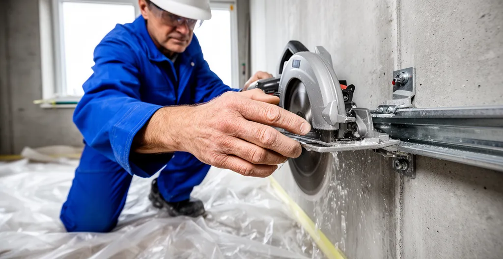 Technicien guidant une scie circulaire sur rails fixés à un mur béton avec projection d'eau de refroidissement