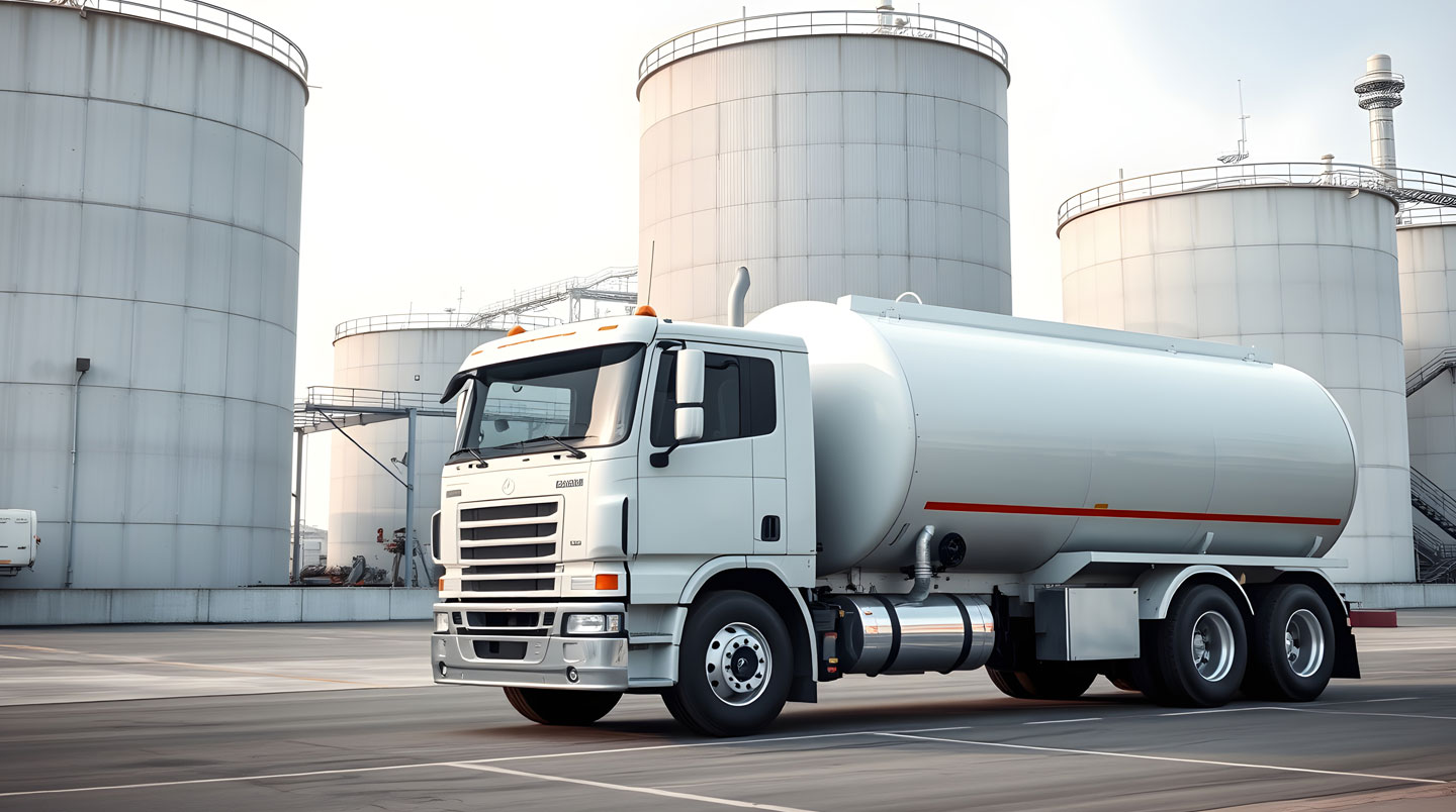 Camion-citerne blanc de livraison de gaz propane en opération de remplissage sur site professionnel français, avec chauffeur-livreur supervisantles manomètres et le flexible de livraison connecté à la citerne de stockage