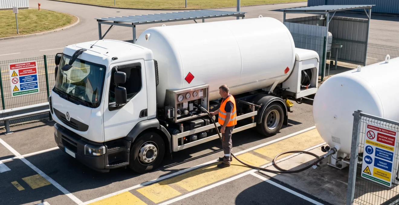 Camion-citerne blanc de livraison de gaz propane en opération de remplissage sur site professionnel français, avec chauffeur-livreur supervisantles manomètres et le flexible de livraison connecté à la citerne de stockage