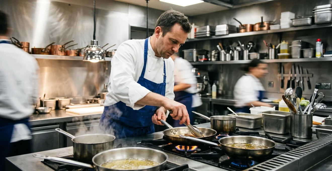 Chef cuisinier utilisant un piano de cuisson professionnel au gaz en inox dans une cuisine de restaurant moderne en activité, avec flammes visibles et préparations culinaires en cours