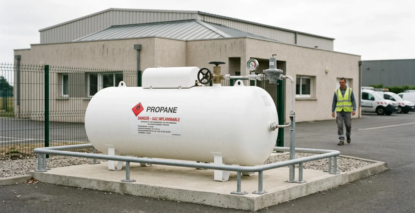 Citerne de gaz propane aérienne blanche installée sur plateforme bétonnée sécurisée d'un site professionnel français, avec équipements de sécurité réglementaires visibles et bâtiment industriel contemporain en arrière-plan