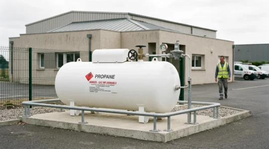 Citerne de gaz propane aérienne blanche installée sur plateforme bétonnée sécurisée d'un site professionnel français, avec équipements de sécurité réglementaires visibles et bâtiment industriel contemporain en arrière-plan