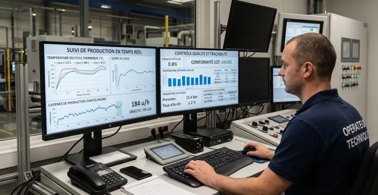 Interface de contrôle industriel affichant données de traçabilité et paramètres de production en temps réel