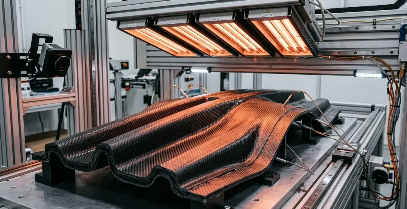 Préforme composite 3D à épaisseurs variables sous chauffage infrarouge avec zones thermiques contrôlées