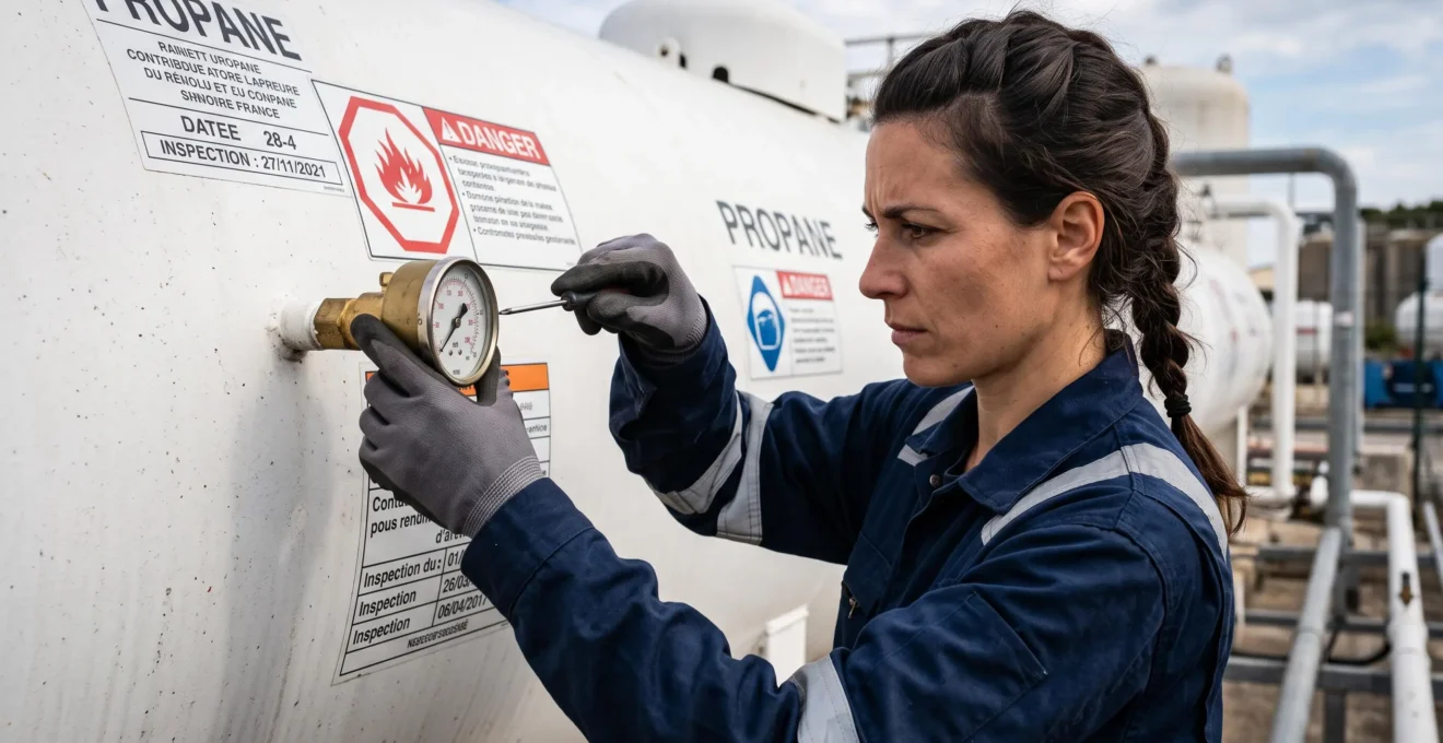 Technicienne en combinaison de travail effectuant un contrôle technique de sécurité sur une citerne de gaz propane professionnelle, consultant un manomètre de pression lors d'une inspection réglementaire